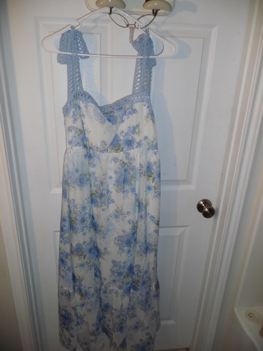 By the River Floral Blue $ White Sleeveless Sundress w/ tie shoulder accents